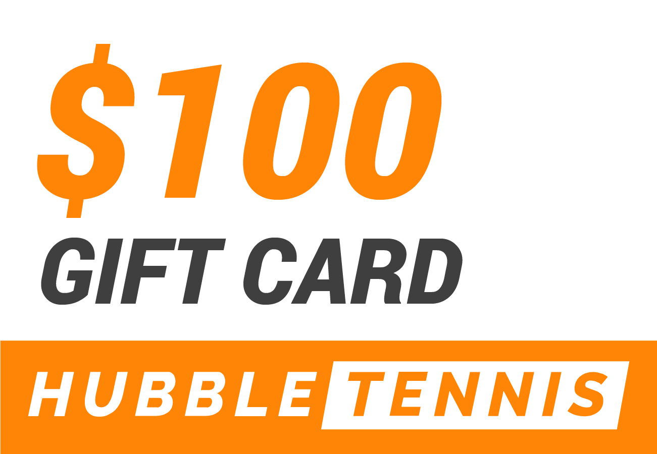 $100 gift card for Hubble Tennis with bold orange and black text on white and orange backgrounds.