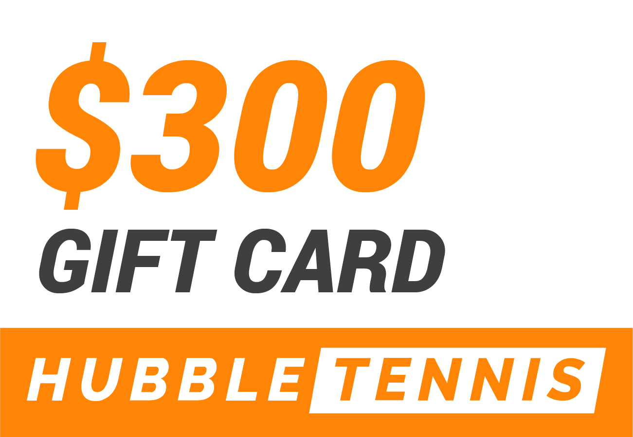 $300 gift card text with Hubble Tennis logo on an orange and white background.