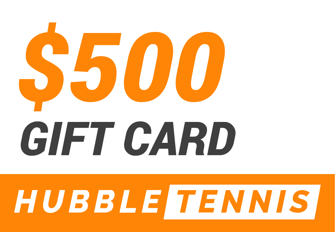 $500 gift card for Hubble Tennis with the brand name in orange and black text.