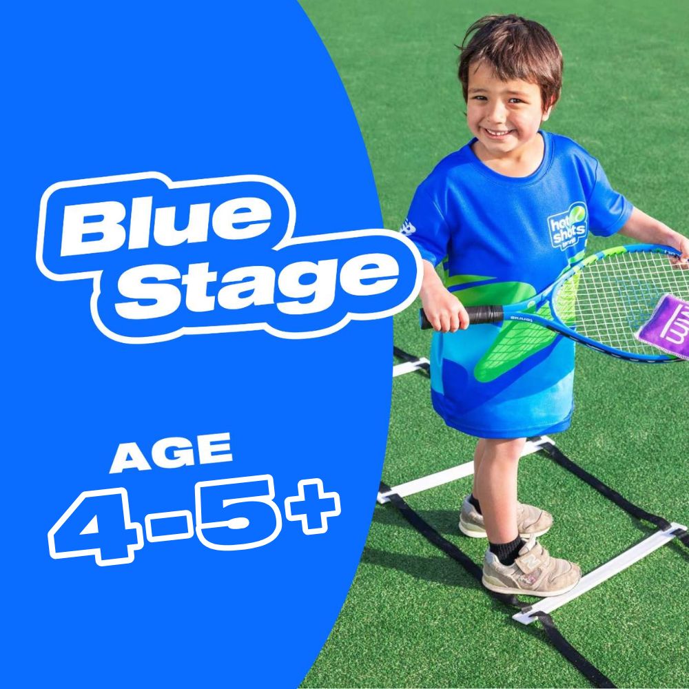 Smiling young child in a blue tennis outfit holding a tennis racquet on a green court with text 'Blue Stage Age 4-5+'.